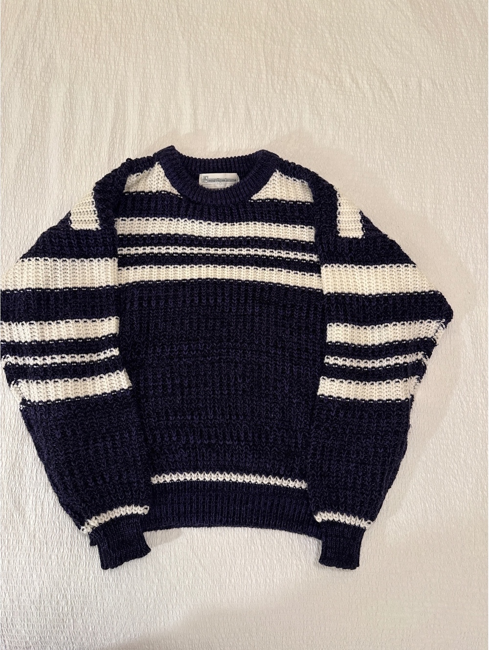 Courrèges Homme Navy and White Striped Knit Sweater XL